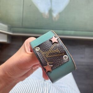 Teal Leather Cuff Bracelet with Star Accents